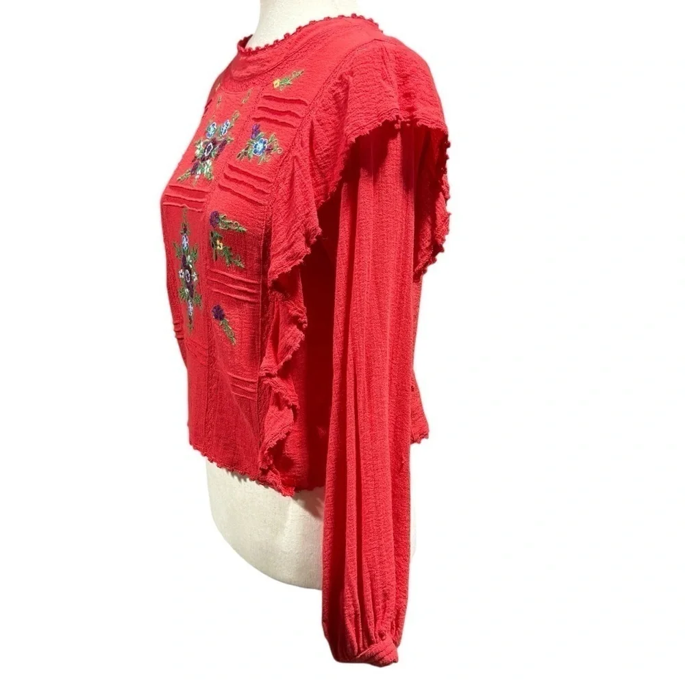 Free People The Amy Red Floral Embroidered Top Long Sleeve Sz XS Boho Ruffles